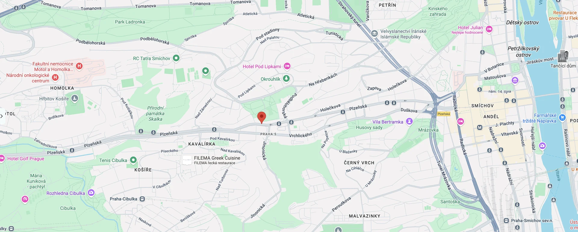Mapa okolí sídla Leadcore s označenou polohou na Plzeňské ulici v Praze 5